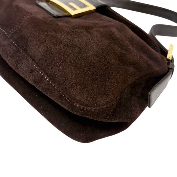 FENDI Vintage FF Logo Shoulder Bag Crossbody Brown Gold Suede Leather [106214] - Picture 8 of 14